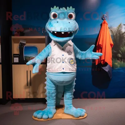 Produktbild von Himmelblaues REDBROKOLY Krokodil Maskottchen kostüm bekleidet mit Boardshorts und Anstecknadeln
