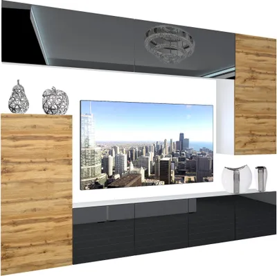 Produktbild von BELINI Wohnwand Vollausstattung Wohnzimmer-Set Moderne Schrankwand mit LED-Beleuchtung Weiß Glänzend Anbauwand TV-Schrank Schwarz / Eiche Wotan Glänzend/Matt
