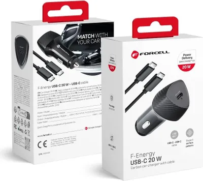 Zdjęcie produktu dla Ładowarka samochodowa FORCELL CARBON typu C 3.0 PD20W CC50-1C (łącznie 20W) + kabel odpowiedni do typu C PD60W