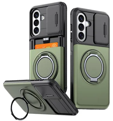 Produktbild von Handyhülle mit Kartenfach für Samsung Galaxy A16 / A26 / A17 5G/4G, Schiebe Kameraschutz, Ringhalter Ständer, Stoßfeste Schutzhülle Grün