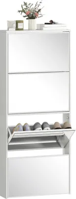 Image de Armoire à chaussures avec miroir - Rangement pour chaussures - Étroite - 4 portes battantes - Pour 12 paires de chaussures - 63 × 17 × 146 cm - Blanc