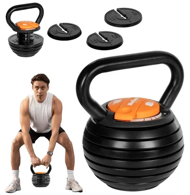 Obrázok produktu pre Nastaviteľná kettlebell – váhový kettlebell – držiak – posilňovanie – liatina – protišmyková základňa – 3,5–18 kg