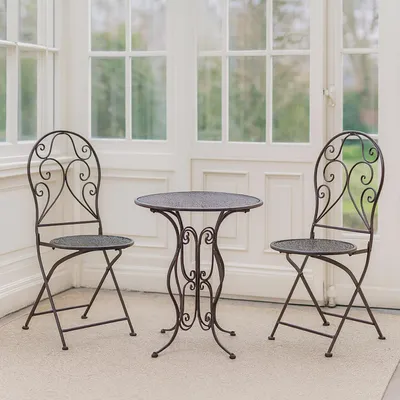Produktbild von Bistroset aus Metall 3-teilig, detailreich verzier Klapptisch Ø 60 cm und 2 Klappstühle