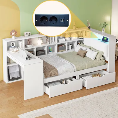 Produktbild von Flieks Klassisches Bett Tagesbett 90x200cm mit Schreibtisch und Regal, Jugendbett Stauraumbett mit Led, Ladefunktion und 2 Schubladen, Einzelbett Weiß