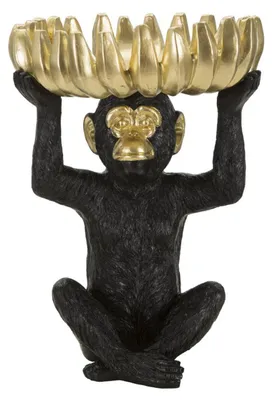 Produktbild von Skulptur Affe Schlüsselschale mit Bananen aus schwarzem und goldenem Kunstharz