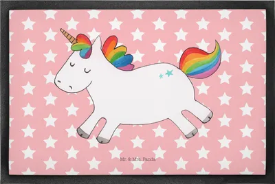 Produktbild von Mr. & Mrs. Panda fußmatte Einhorn Happy 50 x 75 cm - Rot Pastell - Geschenk, Unicorn, Spaß, Einhörner, Lachen, Schmutzmatte, Schmutzfangmatte, Witzig, Lebensfreude