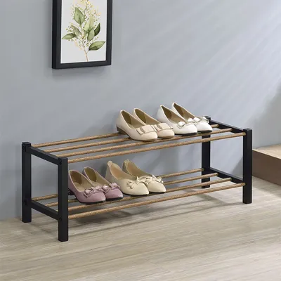Produktbild von Schuhregal Waterford mit 2 Ablegen, Schuhaufbewahrung in schwarz aus Metall, Schuhablage mit Holzdecor aus PVC