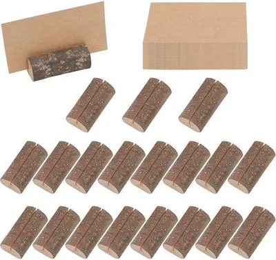 Produktbild von Ibenzoa® Holz-Tischkartenhalter 20 Stück mit 30 Blankokarten, natürliches Holz mit Rinde, 5,4×2,9×2,4 cm; Karten 9,1×4,9 cm – ideal für Hochzeit & Tischdeko