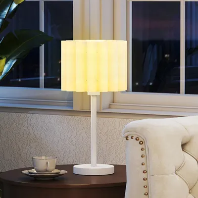 Produktbild von Tischlampe mit wellenförmigem Lampenschirm Nachttischlampe Tischleuchte im Retro-Stil für Wohnzimmer ohne Leuchtmittel Weiß