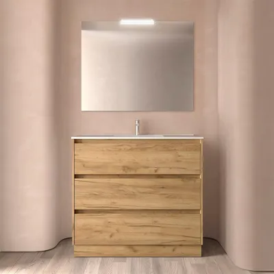 Image de Meubles de salle de bain BALTIC 1000, 3 tiroirs, bois africain + meuble-lavabo