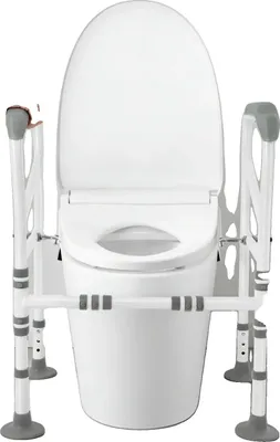 Produktbild von Toilettensicherheitsrahmen, verstellbare Höhe 68,5-73,5 cm, Tragfähigkeit 150 kg, Armlehnenlänge 48 cm, vorderer Balken 25-30 cm verstellbar, Konstruktion aus Kohlenstoffstahl