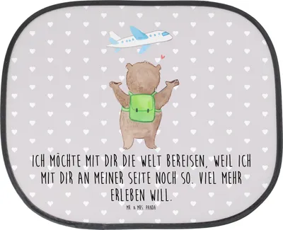 Produktbild von Mr. & Mrs. Panda Sonnenschutz Auto Bär Flugzeug - Grau Pastell - Geschenk, Liebesbeweis, Valentinstag, Sonnenblende, Freund, pkw, Freundin, für, Seitenscheibe, Frauen