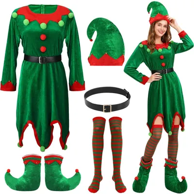 Produktbild von Elfenkostüm Damen - Weihnachtskleid mit Pompons - Gürtel - Kniestrümpfe - Elfenschuhe - Fröhliches Weihnachtsdesign - Weihnachtskostüm
