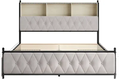 Obrázek produktu pro Čalouněná postel Fortuna Lai 140x200 cm, kovová postel s úložným prostorem, s nabíjecím konektorem USB typu C, LED dvoulůžko, s rámem postele a 4 zásuvkami, sametová, béžová barva
