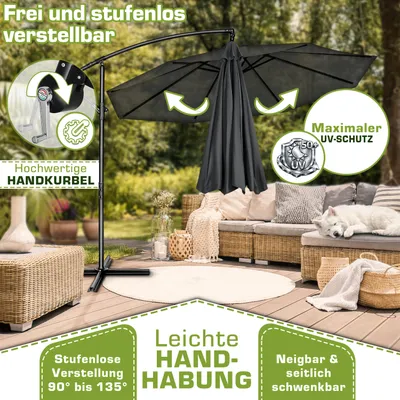 Produktbild von tillvex Sonnenschirm Anthrazit Ø 350 cm Ampelschirm Gartenschirm Marktschirm Kurbel Balkon Alu Neigbar Anthrazit - Ø350cm