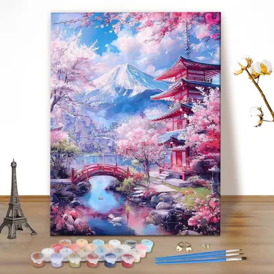 Obrázok produktu pre Obraz podľa čísel, japonská krajina, plátno, 40x50 cm, akrylové farby, štetce