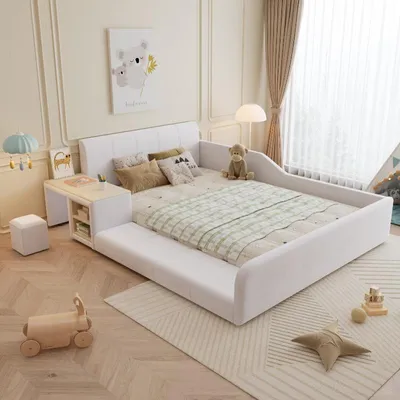 Immagine prodotto di Letto imbottito 140x200 cm, bianco, in velluto, con scrivania e sgabello. Letto imbottito per bambini 140x200 con scrivania, ideale per la camera da letto