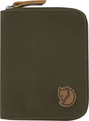A dark olive green wallet with a brown leather logo.