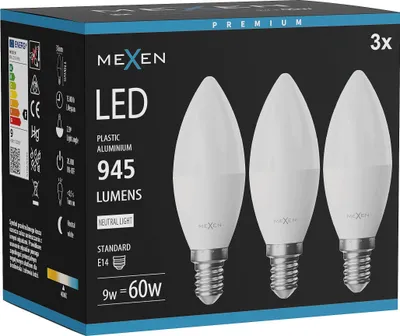 Obrázek produktu pro Mexen Nova 3x LED žárovka E14, C37, 9W, Neutrální - 4000K, 945 lm - L102-E14-0940-01x03