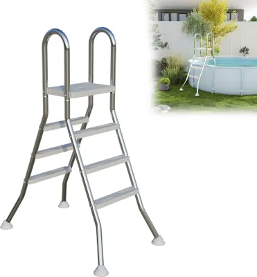Obrázok produktu pre UISEBRT Nerezový bazénový rebrík 3 stupne (výška 165 cm) s protišmykovými stupňami a gumovými nožičkami - Bezpečnostný rebrík pre nadzemné bazény 1,2-1,6 m - Vrátane montážneho príslušenstva