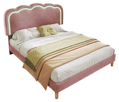 Produktbild von Polsterbett 140 x 200 cm in Rosa, LED-Doppelbett mit verstellbarem Kopfteil und Lattenrost, ohne Matratze