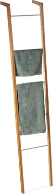 Zdjęcie produktu dla Drążek na ręczniki – bambus i stal – Dekoracyjna konstrukcja w kształcie drabinki – Z 5 przegródkami – Wymiary: 180 x 35 x 20 cm – Naturalny wygląd