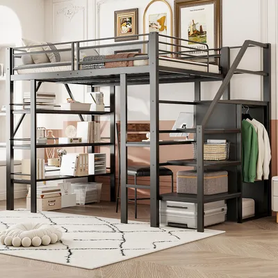 Produktbild von Hochbett 140x200 cm, Eisen-Einzelbett mit dreilagigem Ablageregal, Schreibtisch, Kleiderschrank, Sicherheitsstufen (mit Ablage) & hohem Zaundesign, schwarz