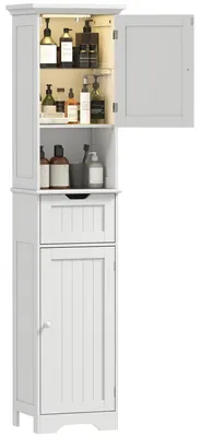 Image de Armoire de salle de bain - Armoire haute - Étroite - Bois - 2 portes - 1 tiroir - 40 x 30 x 170 cm - Blanche