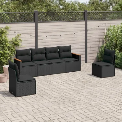 Produktbild von Design 6-tlg. Garten-Sofagarnitur mit Kissen Schwarz Poly Rattan, Gartenmöbel-Sets 2024 Neu