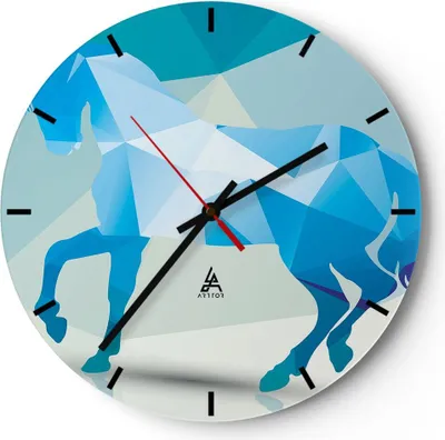 Produktbild von Wanduhr - Rund - Glasuhr - Pferd Illustration modern Grafik - 30x30cm - Schleichendes Uhrwerk - Lautlos - zum Aufhängen bereit - Dekoration Modern - Wanddekoration aus Glas - C3AR30x30-2814