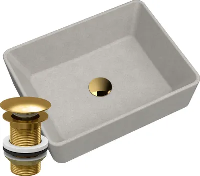 Produktbild von Waschbecken mit Arbeitsplatte aus Granit Beige Goldstopfen