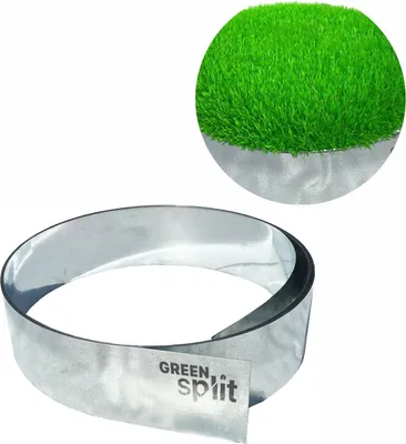 A metal edging strip for a garden bed, with a close-up inset showing artificial grass.