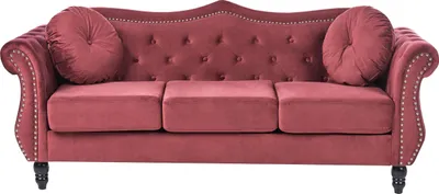 Produktbild von BELIANI 3-Sitzer Sofa Dunkelrot Gepolstert Gesteppt mit Kissen Holzbeinen Knopfheftung Retro Chesterfield Stil Freistellbar Wohnzimmer Polstersofa