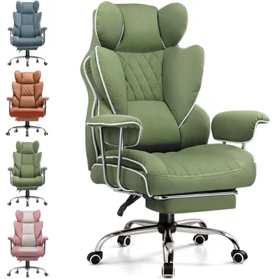 A collage of different colored gaming chairs, with one chair prominently displayed in the foreground.
