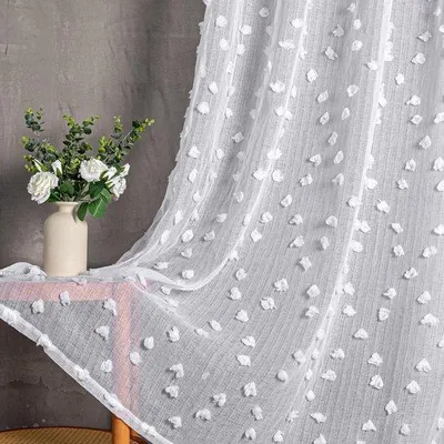 Obrázok produktu pre Sada závesov Ibenzoa® (2 kusy) – čiastočne priehľadné závesy s okami, 245 x 140 cm, biele s výšivkou a pom-pomami, vhodné do detskej izby a obývačky