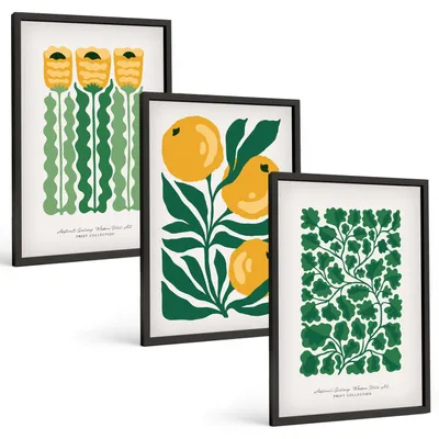 Produktbild von Bilder Set 3-teilig im schwarzen Rahmen – Wandbilder 3 Stück – gerahmte Poster für Wohnzimmer, Schlafzimmer und Flur – 40x60 cm – Pflanzenmuster Blüten Blätter