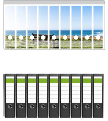 Produktbild von Wallario 9 Stück breite Ordner inkl. Klebeetiketten mit Motive Bank mit Aussicht -  Set mit Rückenschildern / Ordnerrücken Stickern
