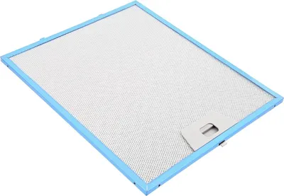 A metal filter with a blue frame, shown from a slightly elevated angle against a white background.