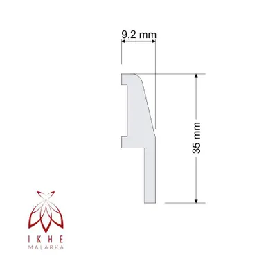 A technical drawing of a white baseboard or trim profile with dimensions indicated.