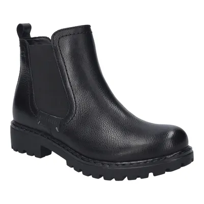 A black leather chelsea boot is shown against a white background.