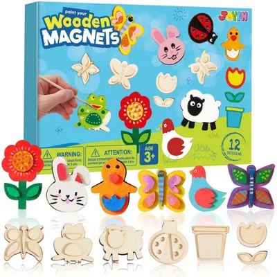 Produktbild von Bastelset Kinder 12 Holzmagnete zum Bemalen mit Farbpalette und Pinsel