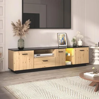 Obrázok produktu pre TV skrinka, dĺžka 180 cm, nízka komoda pod televízor s LED osvetlením, vhodná pre televízory do 80 palcov, TV komoda s 3 dvierkami a úložným priestorom v zásuvkách, vhodná do obývačky alebo spálne, prírodná farba