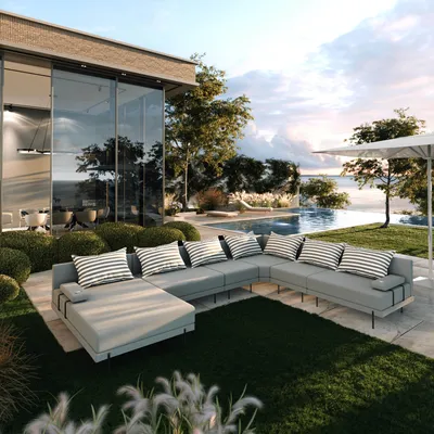Produktbild von TRADA Gartenecksofa Bahama XXL Streifen Grau Rechts 410x298 cm Gartenmöbel set Wasserabweisend Stoff