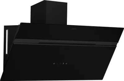 A black kitchen range hood is shown against a white background.