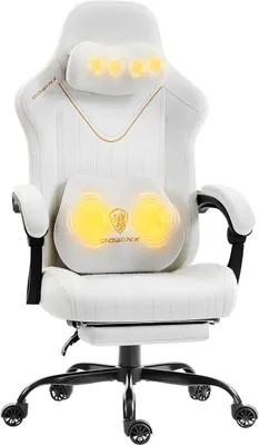 Zdjęcie produktu dla Krzesło gamingowe z funkcją masażu, ergonomicznie zaprojektowane. Krzesło gamingowe z podparciem lędźwiowym i podparciem głowy, wytrzymałe do 135 kg, z regulacją wysokości, obite skórą. Przeznaczone dla dorosłych, kolor biały