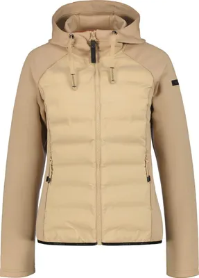 A front view of a beige hooded jacket with a quilted front panel.