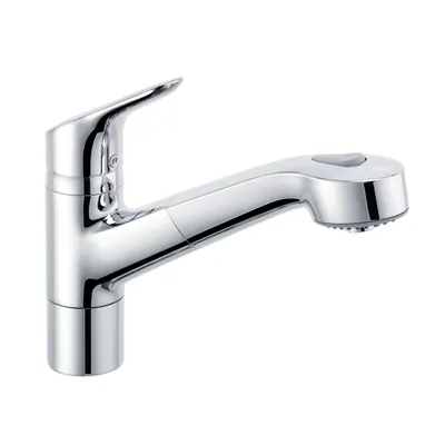 A studio shot of a chrome kitchen faucet against a white background.