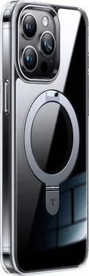A clear phone case with a magnetic ring on the back, shown from a diagonal angle.