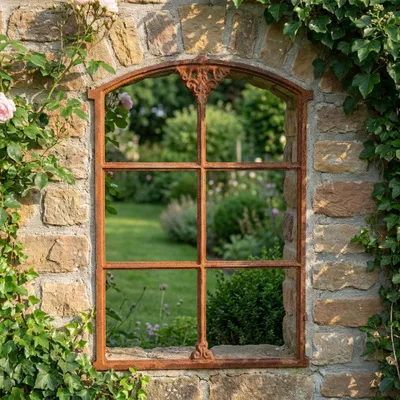 Produktbild von Schön verziertes Eisenfenster mit Stichbogen - Antike Stall Fenster Garage