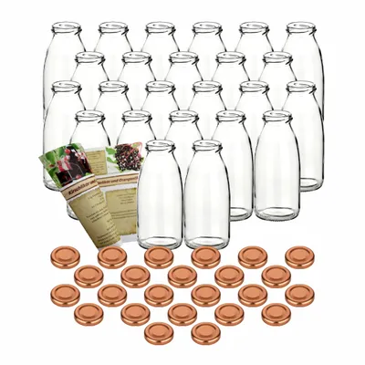 Produktbild von gouveo 24er Set Saftflasche 250 ml mit Schraub-Deckel bronzefarben - Kleine Glasflasche 0,25 l mit TO43 Verschluss - Leere Flasche zum Befüllen für Küche und Haushalt